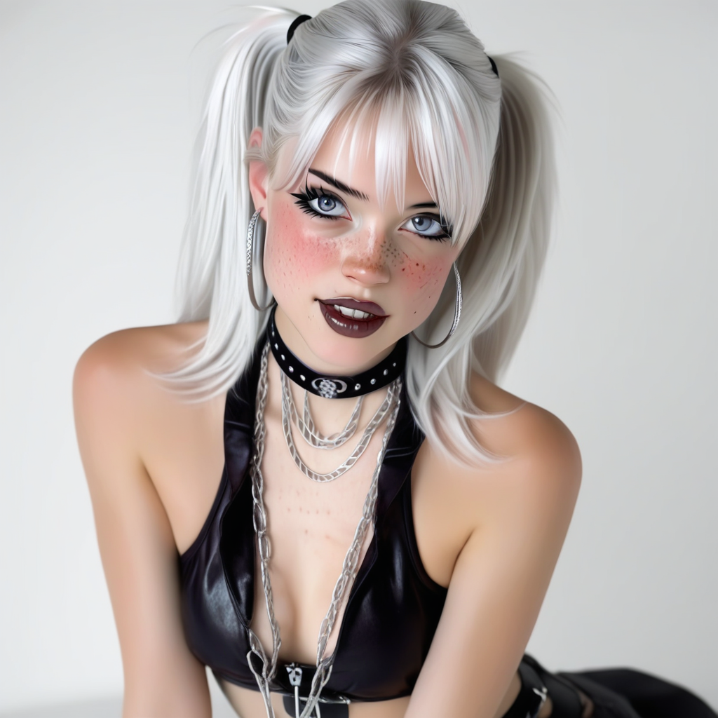 body facing forward, hair style long ponytail, chain choker, breasts:visible, silver chain necklace, earrings large silver hoops, wearing necklace, choker black with silver embellishment, eyeliner, cleavage visible, lips full, choker black, modern style, fashion:punk style, relaxed posture, casual stance, thin eyebrows, slight freckles on face, joyful expression, body:exposed shoulders, eye color blue, pigtails, fan tattoo, slight collarbone visibility, blush, hoop earrings, pale skin, body sitting, straight ahead gaze, no nipples visible