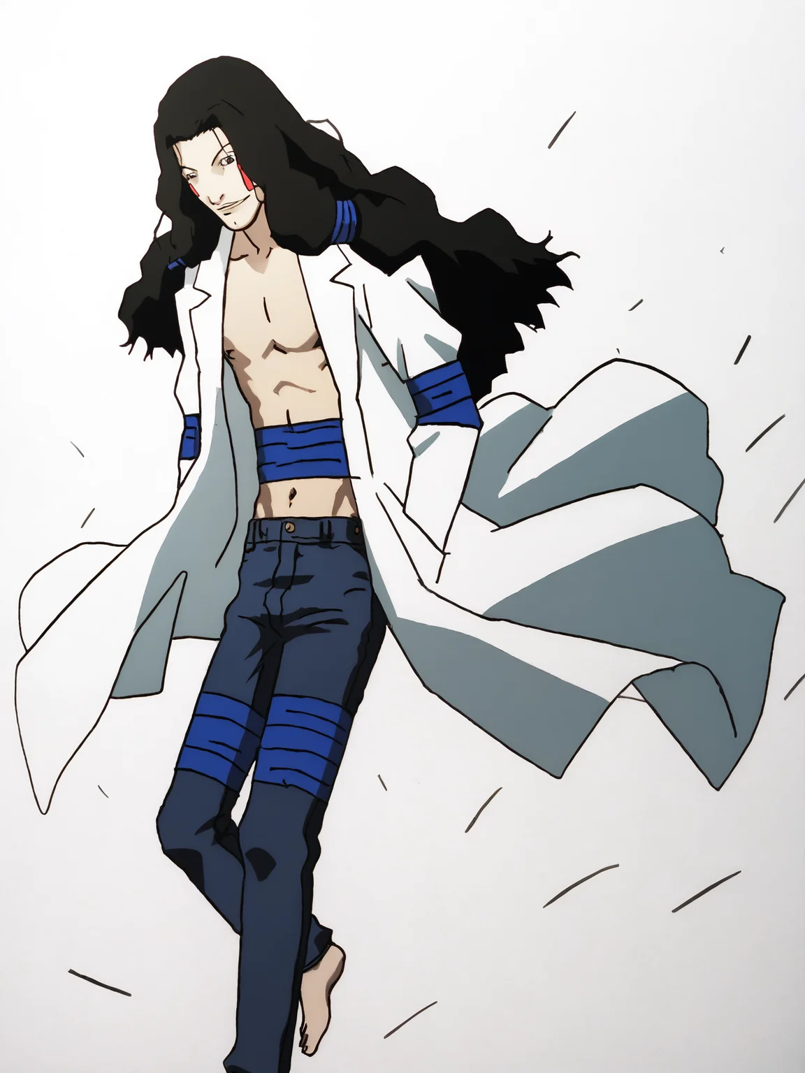 score_9, source_anime, masterpiece, best quality, BREAK, white background, 1boy, <lora:Masami Eiri_PDXLv0:0.8> masami eiri \(sel\), labcoat, jeans, barefoot, open clothes,