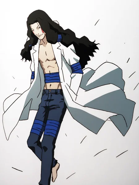 score_9, source_anime, masterpiece, best quality, BREAK, white background, 1boy, <lora:Masami Eiri_PDXLv0:0.8> masami eiri \(sel\), labcoat, jeans, barefoot, open clothes,