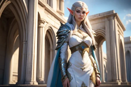 (masterpiece, best quality), a female elf warrior, standing, commanding, in front of elven army, weapons, <lora:ElvenArmor:0.7> ElAr, white dress, armor, ornate, intricate details, cinematic lighting, professional lighting, 8k ultra detailed, <lora:Numenor:0.7> Numenor, sky, background, outdoor, hyper realism
