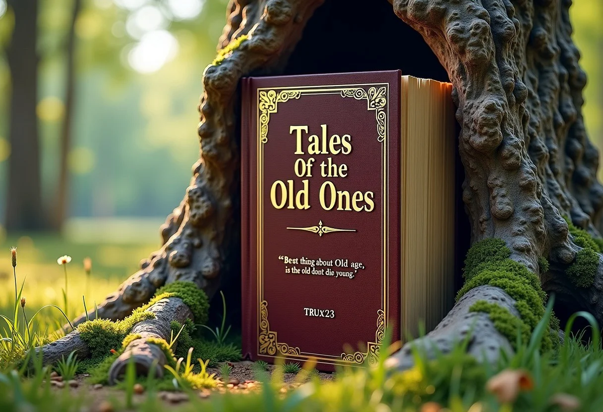 A thick large rigid brown book halfway inside the wood of a large tree fused into one in a windy grassy lively forest filled with over a thousand pages with the text in scribed onto the title and side of it's cover that says, "Tales of the Old Ones" in gold text, underneath the title of the book reads a description in small white text, "Best thing about age, is the old don't die young." "TRUx23" at the bottom in white text,