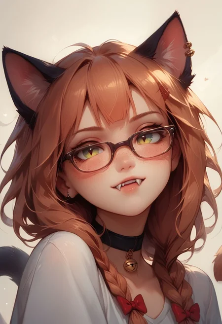 score_9, score_8_up, score_8, score_9, glasses, tattoo, choker, red bow, freckles, piercing, cat ears, tail, cat paw, red bow on hair, cat girl, fangs, nekomiyahinata, perfecteyes