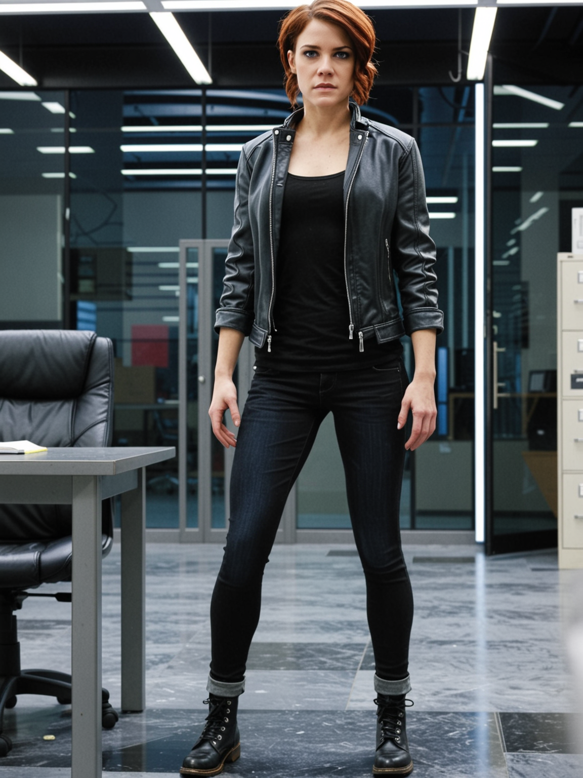<lora:dmd2_sdxl_4step_lora_fp16:1>(solo,solo focus:1.2),science fiction,dark office,lonely,
<lora:Jasse_Faden_v6_biglust:0.95>woman,jasfdn face,jas hair,clothed,
denim pants,jacket,boots,standing