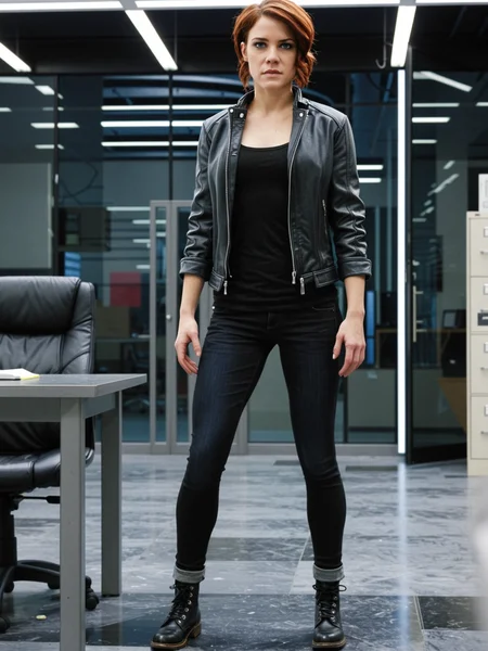 <lora:dmd2_sdxl_4step_lora_fp16:1>(solo,solo focus:1.2),science fiction,dark office,lonely,
<lora:Jasse_Faden_v6_biglust:0.95>woman,jasfdn face,jas hair,clothed,
denim pants,jacket,boots,standing