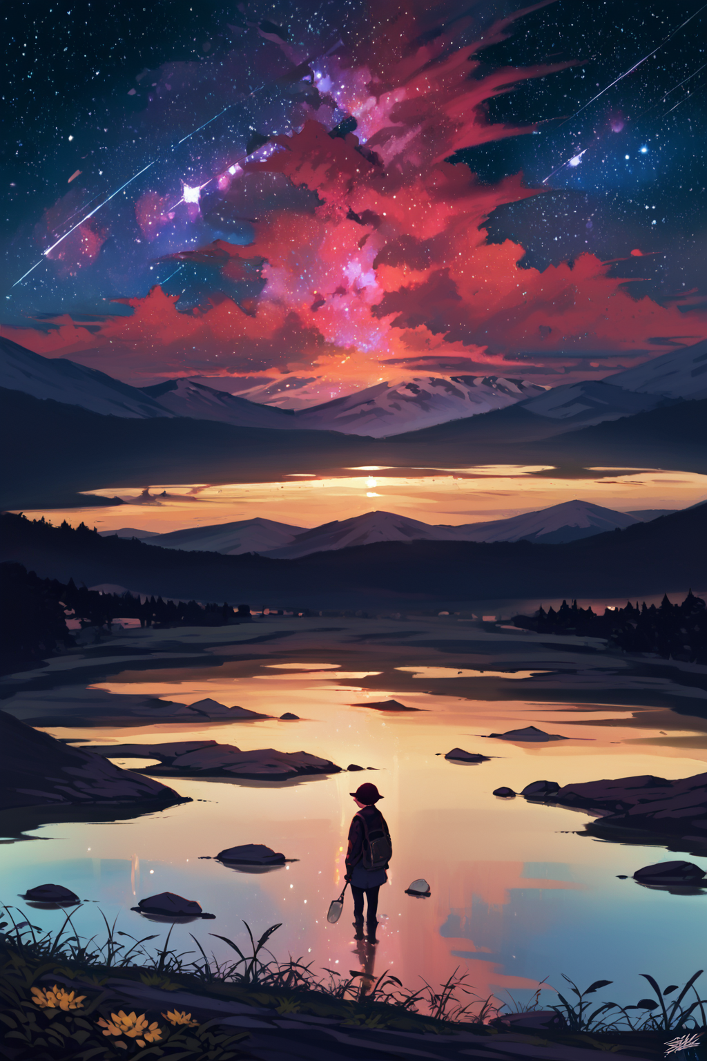 PDXL, source_anime,  <lora:SaishoV1:1>, s4ish0, 
giant lake, night sky, stars, galaxies, 
volumetric reflections, volumetric shadows, HDR, shot on Canon DSLR