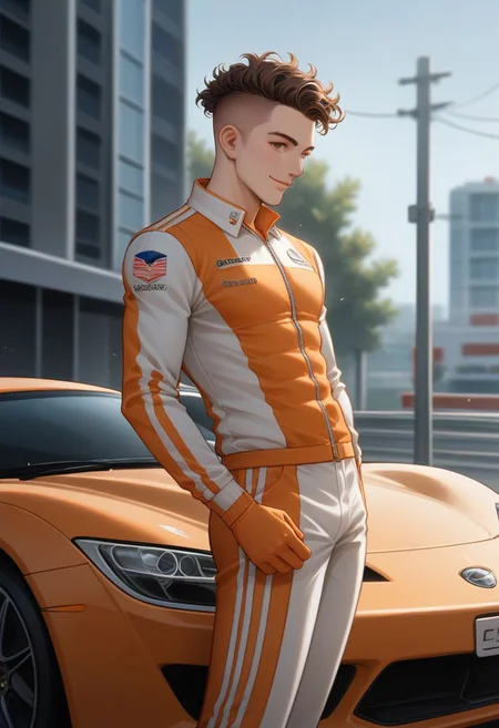 score_9, score_8_up, score_7_up, perfect eyes, Perfect Hands, Good anatomy, good proportions, common sense, perfect face, illustration,Expressiveh,OverallDetail,
1boy, male( , fit, lando norris from F1, formula one car, mclaren, orange car, curls in hair, hair locks,orange formula one pilot outfit,fully clothed, smiling, curly short hair, brown hair, shaved sides, solo, grand prix, mp44,, standing beside car)