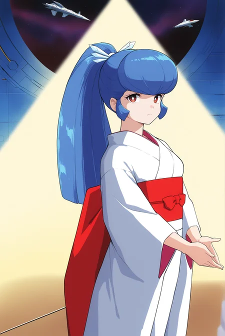 <lora:Oyuki_(1981):0.8> oyuki, long hair, blue hair, high ponytail, bangs, hair ornament, red eyes, retro artstyle, 1980s (style), long sleeves, kimono, sash, obi, white kimono, science fiction, spacecraft, 
expressionless, arched back, cowboy shot, looking at viewer, (1girl:2, solo:2), 
masterpiece, best quality, very aesthetic, absurdres, amazing quality masterpiece, hyper-detailed, (8k uhd::1.4), intense atmosphere, detailed clothing, dramatic lighting, (perfect hands), detailed face,