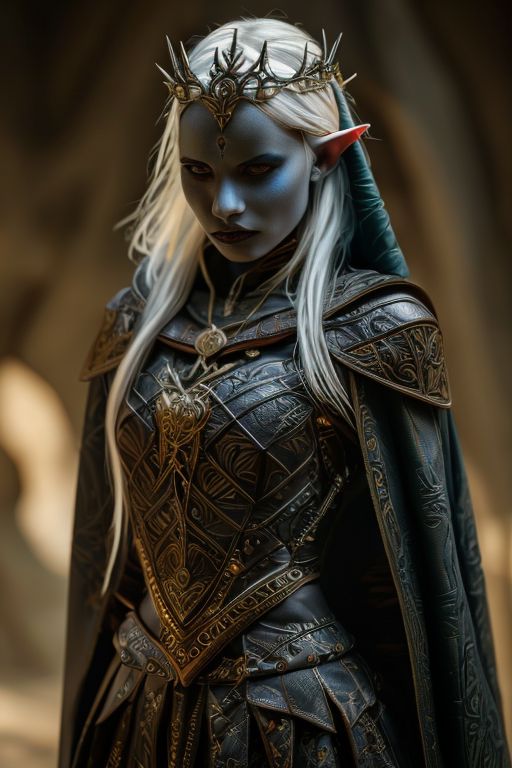 RAW photo, (masterpiece:1.3), subsurface scattering, heavy shadow, (high quality:1.4), (intricate, high detail:1.2), professional photography, HDR, High Dynamic Range, realistic, ultra realistic, photorealistic, high resolution, film photography, ambient lighting, atmospheric effects, <lora:detail_slider_v4:2>, OverallDetail, a female drow ranger, dark makeup, intricate leather armor with leaf patterns, jewelry, cape, tiara, <lora:Drow:0.8>, epiCPhoto
