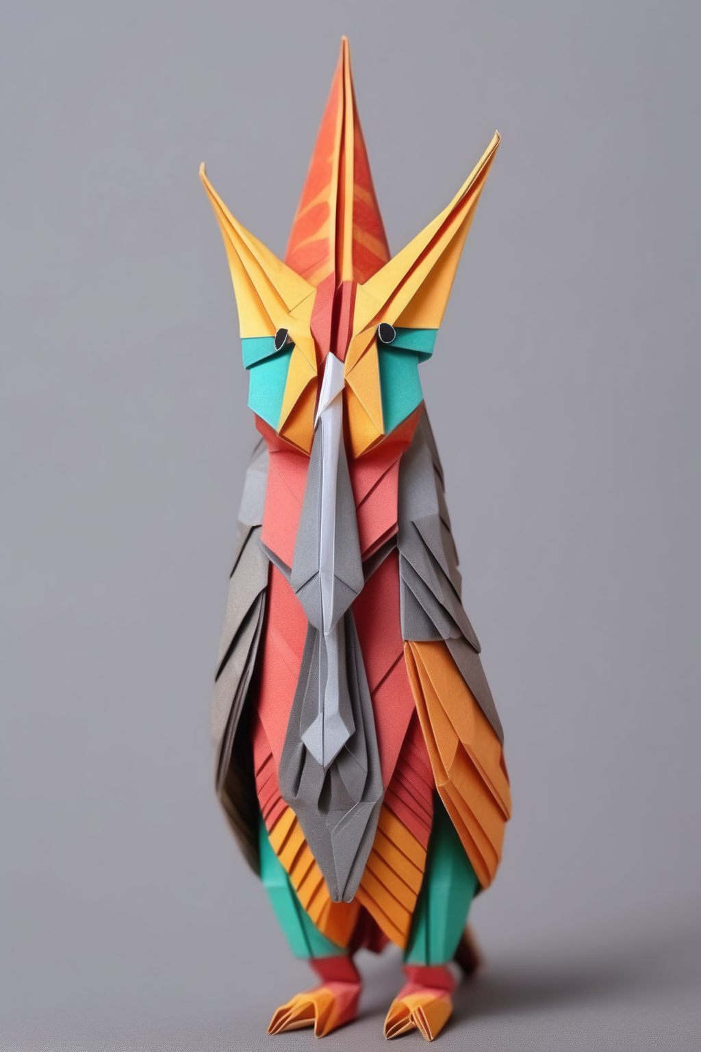 <lora:ORIGAMI:1>ORIGAMI - full-length colored Papuan kalao on a gray background in origami style