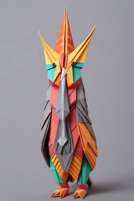 <lora:ORIGAMI:1>ORIGAMI - full-length colored Papuan kalao on a gray background in origami style