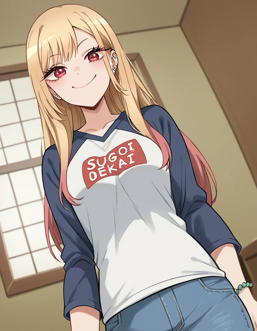 score_9, score_8_up, score_7_up, source_anime, marinkitagawa, <lora:marin-kitagawa-ponyxl-lora-nochekaiser:1>, marin kitagawa, long hair, bangs, blonde hair, red eyes, multicolored hair,, <lora:sugoi-dekai-ponyxl-lora-nochekaiser:1>, sugoi dekai, clothes writing, raglan sleeves, t-shirt, denim, denim skirt,, indoors, smile, smug,, cowboy shot, dutch angle,