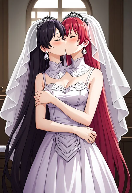 8K, HD,<lora: Two_heads_XL_anime_trained_edition_for_pony:1.1>, easynegative, conjoined, Japan anime, two heads, BREAK female, random color hair, random ((short hair, very long hair, very long straight hair, wave hair, thick hair, furry hair)), ((2 different hairstyles)), ((2 tones color of hairstyles)), (2 tones color hair), (((human))), anime, BREAK female, (half body black and half body white 2-tone color of Elegant satin wedding gown with illusion neckline), Fitted column skirt, Drop earrings, Birdcage veil, look at each other, face to face, kissing, eyes closed, shy mood, hugging, hug, lady, girl, indoor church background, lighting