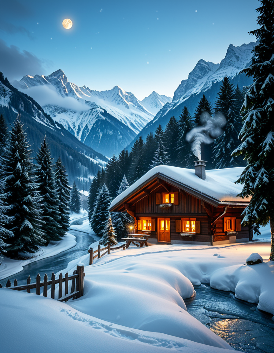 A stunning winter scene in the Tyrol region of Austria. A charming wooden chalet with traditional alpine architecture stands on a gentle snow-covered slope, surrounded by dense evergreen forests blanketed in fresh snow. The chaletâs warm interior lights glow softly through its large windows, creating a cozy contrast against the cool twilight hues of the sky. A plume of smoke drifts from the chimney, hinting at a roaring fireplace inside. In the foreground, a small wooden fence is partially buried under the snow, while a frozen river winds through the valley, reflecting the moonlight. Towering, snow-capped peaks of the Austrian Alps dominate the background, adding a breathtaking sense of grandeur. Snowflakes gently fall, adding movement and depth to the peaceful, picturesque scene. The image is hyper-realistic, capturing the intricate textures of the wood, snow, and ice, with cinematic lighting that highlights the magical winter ambiance.
<lora:SDXLFaeTastic2400:0.4> <lora:extremely_detailed:0.4> extremely detailed,<lora:winter_scene_in_the_Tyr0l:1>,winter scene in the Tyr0l, Masterpiece,best quality,hi res,8k,hi res,8k,award winning,(sharp focus, intricate, highly detailed),