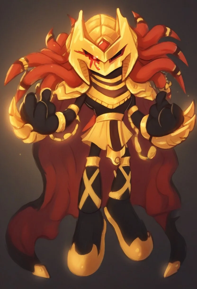 score_9, score_8_up, score_7_up, (best quality, smooth lighting), ultra-detailed, high resolution, 8k, solo male, Dark Enerjak, gold armor, black sclera, red pupils, red and black dreadlocks, large black and red cape, gold claws, black gold shoes, battle stance, BREAK outside, Rich, Detailed background, ambient light