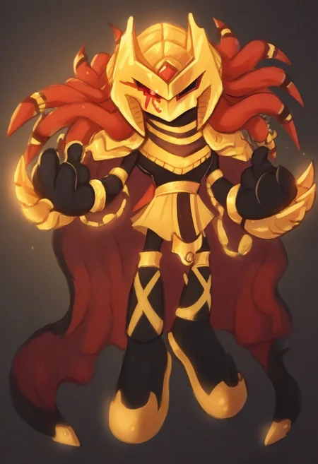 score_9, score_8_up, score_7_up, (best quality, smooth lighting), ultra-detailed, high resolution, 8k, solo male, Dark Enerjak, gold armor, black sclera, red pupils, red and black dreadlocks, large black and red cape, gold claws, black gold shoes, battle stance, BREAK outside, Rich, Detailed background, ambient light