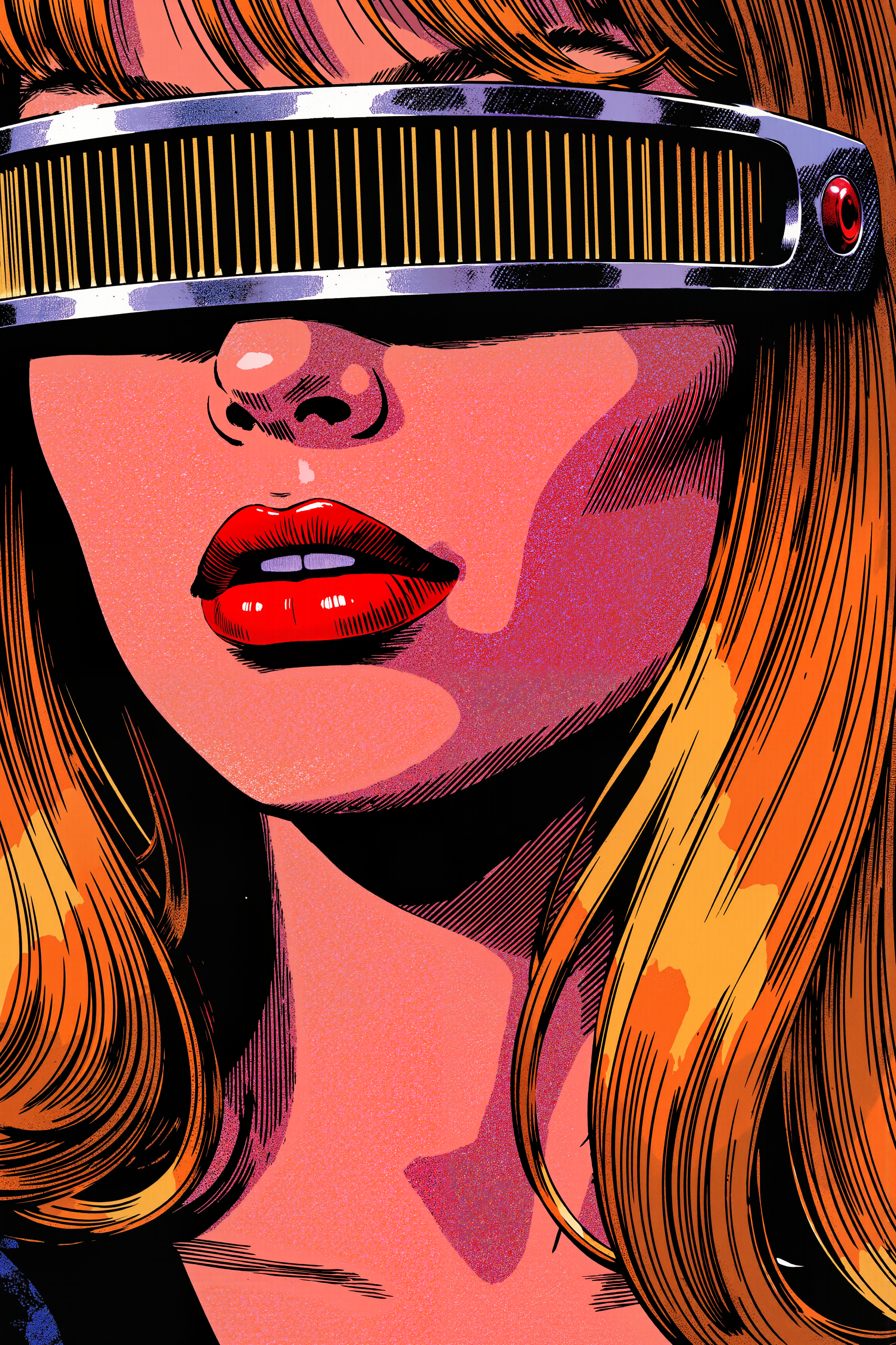 closeup of woman with red lipstick wearing grdvsr visor. , detailed background  Fantastic lighting. Detailed shadows.intricate details, vivid colors, hyper-detailed, ultra-sharp, , ,meiman_style,This is a retro comic book style digital illustration,  <lora:meimanstylev2:0.4><lora:Vintage comic book:0.4><lora:RetroAnimeFluxV1:0.15><lora:Greg_Capullo_style:0.4><lora:jeanClaude_Mzires_Style_FLUX-000001:0.4><lora:Flux_Ink_Anime:0.4> <lora:GRD_VISOR_FLUX>