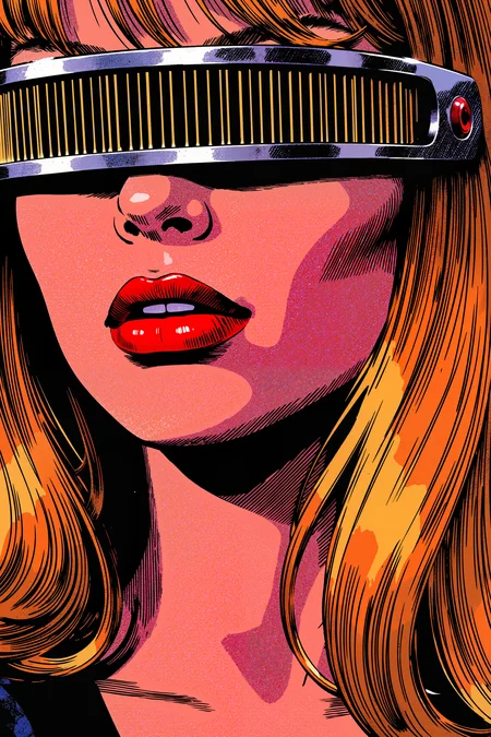 closeup of woman with red lipstick wearing grdvsr visor. , detailed background Fantastic lighting. Detailed shadows.intricate details, vivid colors, hyper-detailed, ultra-sharp, , ,meiman_style,This is a retro comic book style digital illustration, <lora:meimanstylev2:0.4><lora:Vintage comic book:0.4><lora:RetroAnimeFluxV1:0.15><lora:Greg_Capullo_style:0.4><lora:jeanClaude_Mzires_Style_FLUX-000001:0.4><lora:Flux_Ink_Anime:0.4> <lora:GRD_VISOR_FLUX>