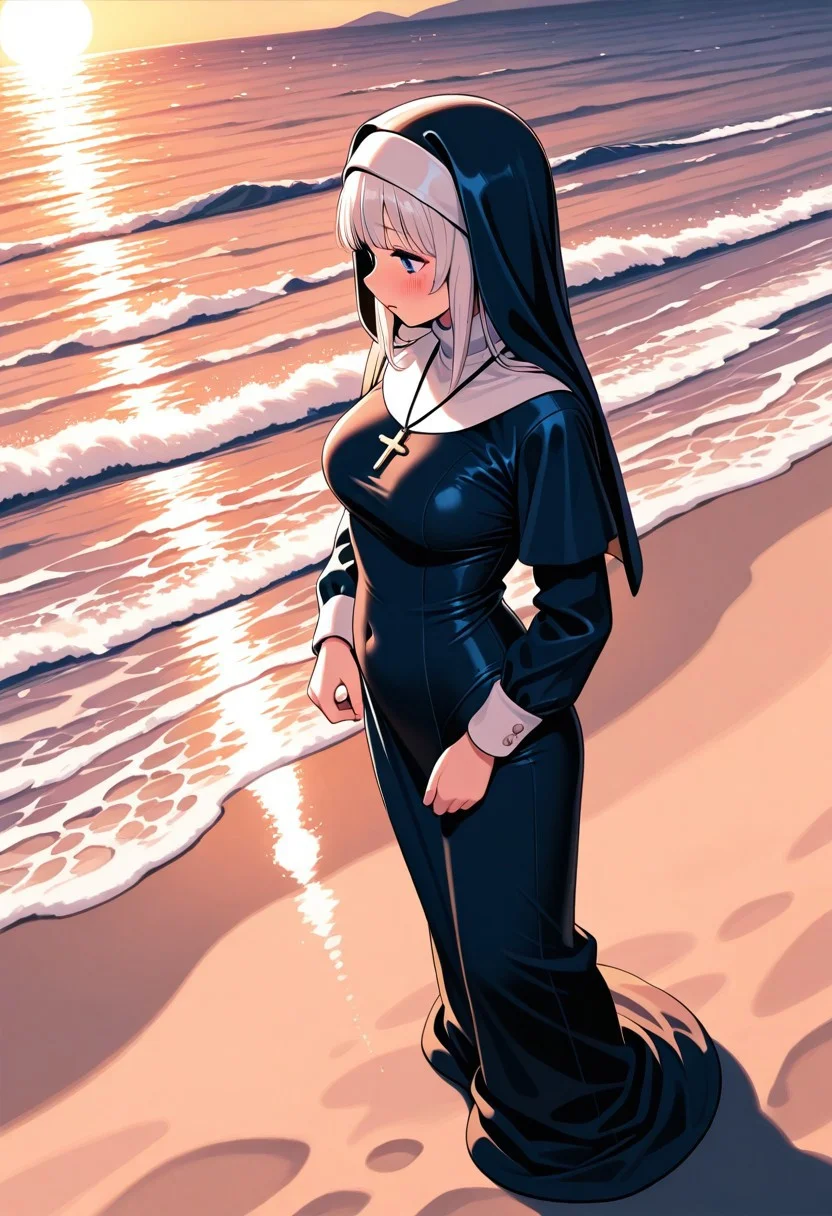 masterpiece, best quality, amazing quality,general, nun, beach, sunlight, limited palette,