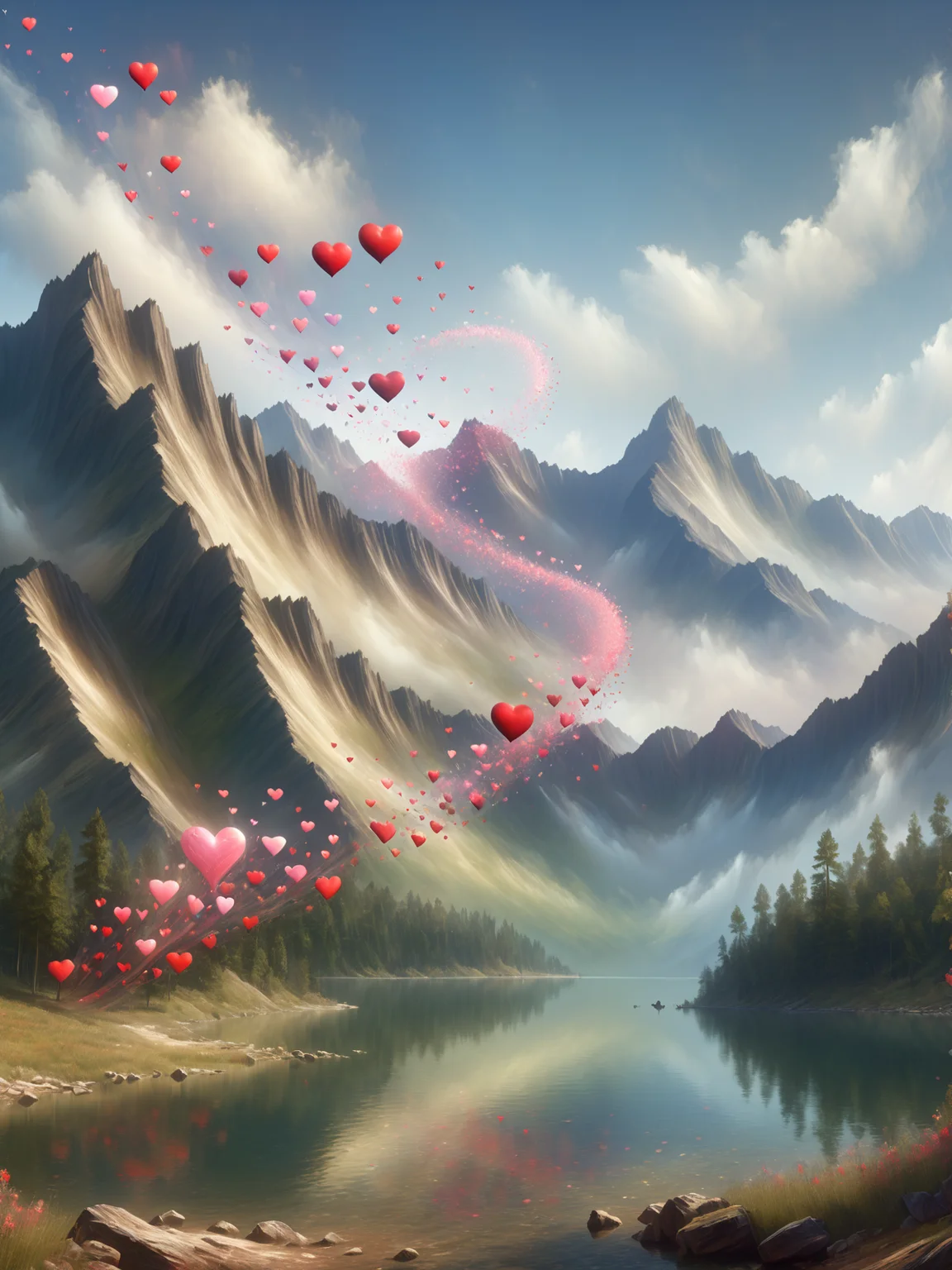 mountain range, forest, lake, mad-love wind blows hearts through the air <lora:Love_is_in_the_air_SDXL:1.2>, (masterpiece:1.2), best quality, (hyperdetailed, highest detailed:1.2), high resolution textures