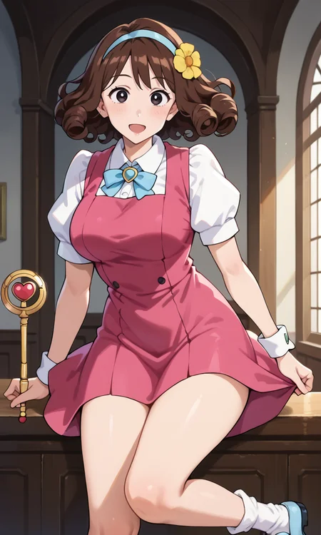 (1girl:1.5), (solo:1.3), (score_9, score_8_up, score_7_up, score_6_up, score_5_up, score_4_up), (source_anime), rating_questionable, looking at viewer, (upper body:1.3), indoors, fantasy, magical world, fancy,
(nohara-misae), (black eyes, brown hair, medium hair, curly hair, voluminous hair, fluffy hair, parody hair), (large breasts, wide hips, thick thighs), <lora:nohara-misae-misarin_v1:0.8> (magenta dress, sleeveless, white collared shirt, white puffy short sleeves, hair ornament, yellow flower, blue hairband, white socks, rolled socks, blue footwear, mary janes), (holding wand, heart-shaped wand), smile, open mouth,