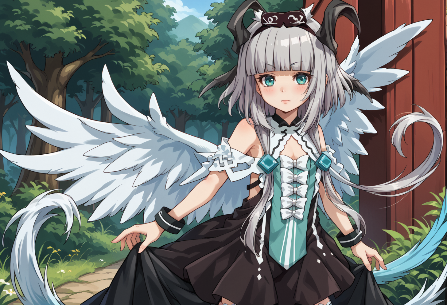 score_9, score_7_up, source_anime, BREAK <lora:AEVentuswill (2):1> AEVentuswillHu, teal eyes, grey hair, blunt bangs, short hair with long locks, black horns, tail, White wings, hairband, bare shoulders, black dress, white thighhighs,