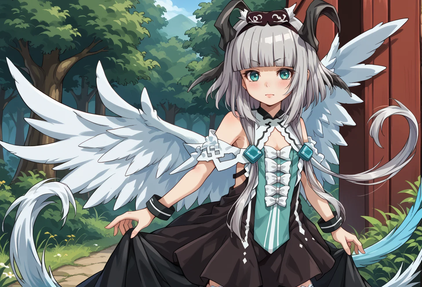 score_9, score_7_up, source_anime, BREAK <lora:AEVentuswill (2):1> AEVentuswillHu, teal eyes, grey hair, blunt bangs, short hair with long locks, black horns, tail, White wings, hairband, bare shoulders, black dress, white thighhighs,