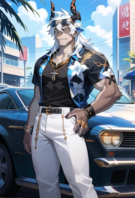score_9,score_8_up,score_7_up,source_anime, Istvan (Alchemy Stars),solo,looking at viewer,shirt,1boy,jewelry,male focus,pants,necklace,bracelet,hand on hip,black shirt,muscular,sunglasses,pectorals,muscular male,bara,eyewear on head,white pants,chain necklace,