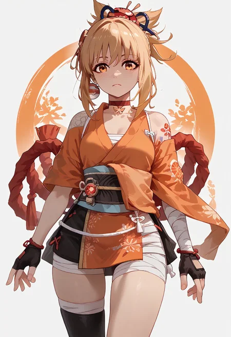 Ijichi_Nijika, thighhighs, gloves, jewelry, japanese clothes, choker, fingerless gloves, kimono, bracelet, sash, tattoo, bandages, obi, rope, asymmetrical legwear, pouch, sarashi, bandaged arm, red choker, arm tattoo, shimenawa, bandaged leg, chest tattoo, hadanugi dousa, orange kimono, single fingerless glove,
yoimiya, bangs, blonde hair, hair ornament, hair between eyes, ponytail, sidelocks, orange eyes, light brown hair,
(score_9, score_8_up, score_7_up), solo, linea alba, (abs:0.1), (abs lines:0.1), fit body, anime-style, digital art
