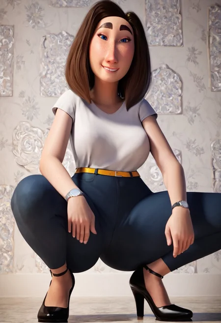 sarah (meetmyfamily), 1girl, long face, blue eyes, thick eyebrows, freckles, brown hair, medium hair, bob cut, white tucked in shirt, short sleeves, yellow belt, tight blue jeans, black high-heels, grey wristwatch, curvy, wide hips, thick thighs, score_8_up, score_7_up, BREAK, 1girl, solo, cute, from below, head tilt, crouching, ninja pose, looking at viewer, detailed background, 4k, masterpiece, best quality, highly detailed, realistic, low-angle shot, realistic, 3d, horny, smiling, biting lips,