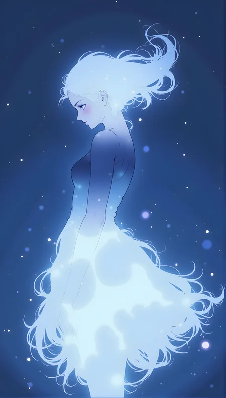 an artistic illustration of a woman with long, flowing white hair that appears to be made of light or energy she is wearing a dress that seems to be composed of the same luminous material giving her an ethereal and ghostly appearance the background is a deep blue which contrasts with the bright white and blue tones of the woman's figure there are small sparkles and particles around her adding to the magical atmosphere of the image the overall style is dreamy and otherworldly with a focus on the interplay between light and shadow
j_art, anime, anime art, <lora:FLUX\jul\J_Anime:1.0>, <lora:FLUX\Anime Art V3:0.1>, <lora:FLUX\RM_Artistify_v1.0M:0.1>, <lora:FLUX\RetroAnimeS1.1:0.1>