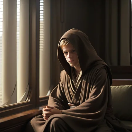 jedi temple, star wars, blinds, sitting, indoors, formal, jedi robes, male focus, window, tunic, long sleeves, 1boy, hood