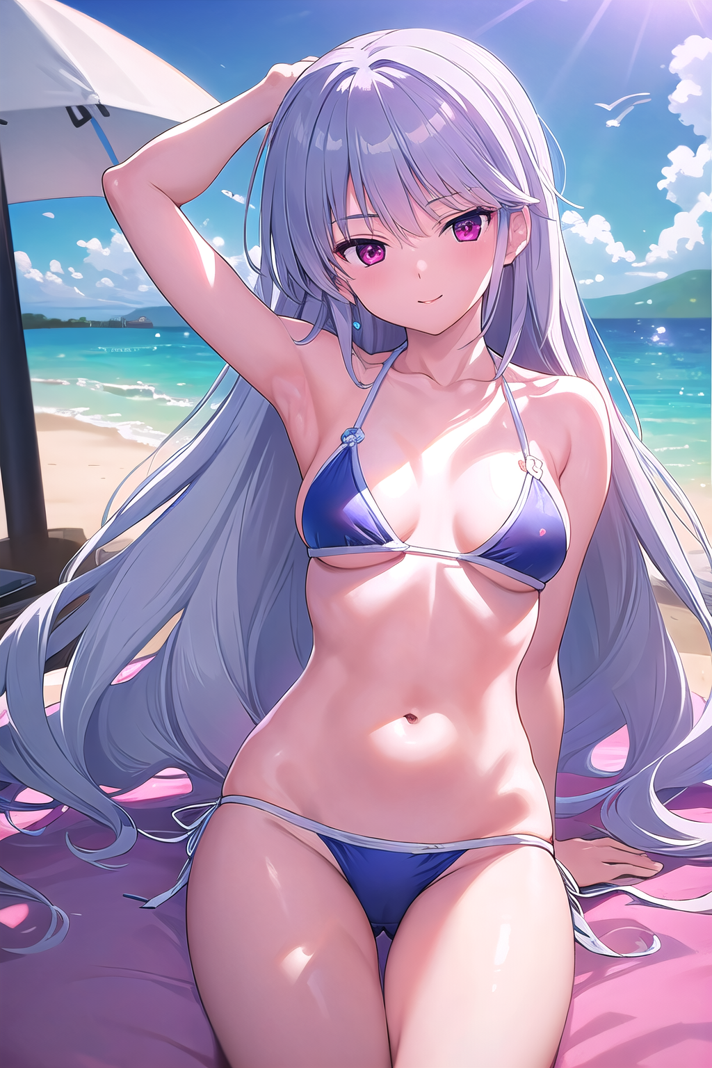 masterpiece, best quality, ultra-high-detailed, kazami kazuki, silver hair, long hair, purple eyes, bikini, beach
