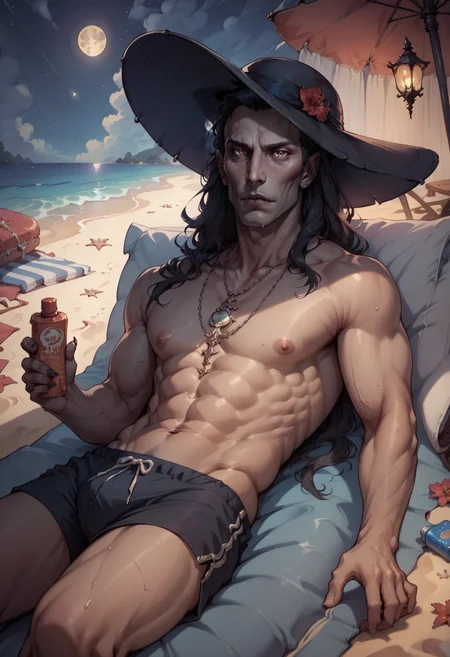 score_9, score_8_up, score_7_up, dark, night, moon, 1boy, solo, strahd, vampire, long hair, <lora:clamStrahdPDXL_v12:1>, beach umbrella, sunhat, beach, lounging, sunscreen