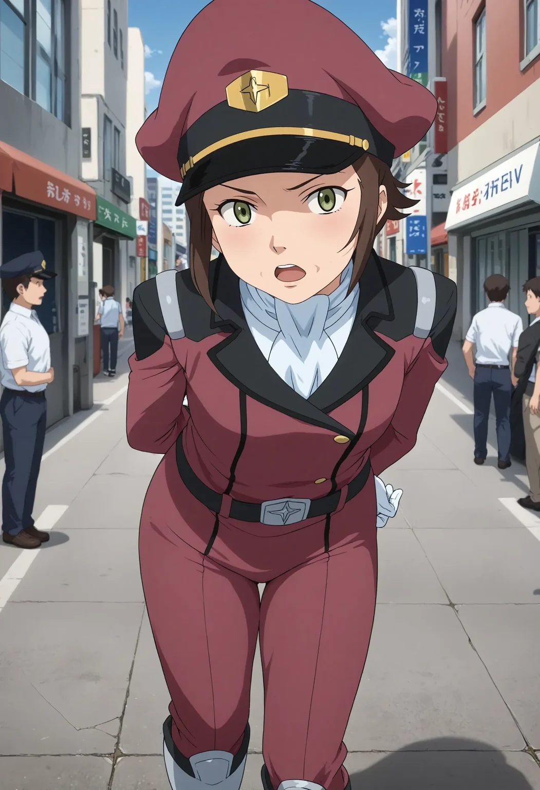 <lora:Hyper-SDXL-8steps-lora:1> <lora:Fixhands_anime_bdsqlsz_V1:1> zPDXL2, score_9, score_8_up, score_7_up, source_anime, intricate details, perfect anatomy BREAK
outdoors, city, tokyo, japan, audience, crowd, standing, hand on own chin, looking at viewer, leaning forward, arm behind back,index finger raised, Fearful, Wide-open eyes, a furrowed brow, and a slightly open mouth., 1girl, solo, solo focus,
<lora:GAGE-AG140millais_alloy_XL(pony)v10:1> (wrinkled skin, aged up:1.2), GAGE-AG140millais, brown hair, short hair, green eyes, red peaked cap, GAGE-AG140millais outfit, red dress, white ascot, white gloves, belt, red pencil skirt, red pants, white boots,
