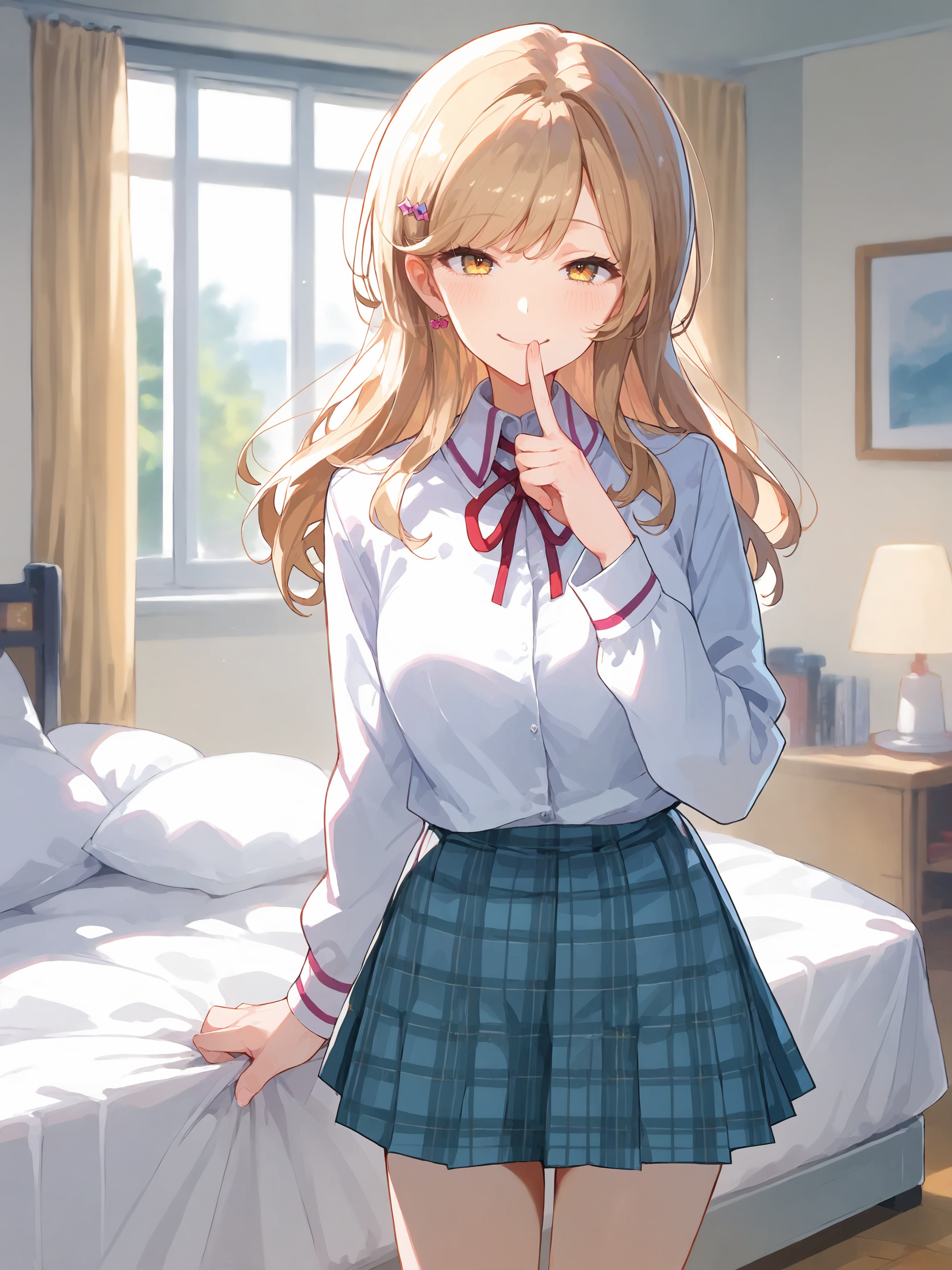 1girl, sena ajisai, hairclip, solo, school uniform, pleated skirt, plaid skirt, white collared shirt, blazer, neck ribbon, looking at viewer, seductive smile, ecstasy, gasping, finger to cheek, standing, cowboy shot, bedroom, indoors, blurry background score_9, score_8_up, score_7_up, source_anime, ray tracing, best quality, <lora:Char-Sena_Ajisai-V1-Pony:0.9>, <lora:Style-Expressive_H-pony:0.8>,