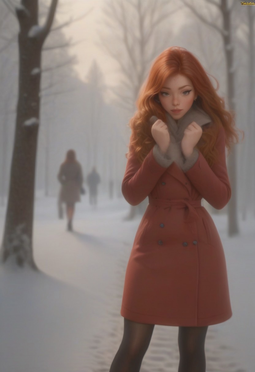 em5588, best illustration, illustration, masterpiece, best quality, ultra-detailed, photo of beautiful woman ,seductive, red hair.coat  ,in the park,   Winter, snow  ,  masterpiece) (best quality) (detailed) (8k) (HDR) (wallpaper) (cinematic lighting) (sharp focus) (intricate)