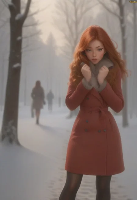 em5588, best illustration, illustration, masterpiece, best quality, ultra-detailed, photo of beautiful woman ,seductive, red hair.coat ,in the park, Winter, snow , masterpiece) (best quality) (detailed) (8k) (HDR) (wallpaper) (cinematic lighting) (sharp focus) (intricate)