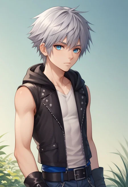 score_9, score_8_up, source_anime, highly detailed, 1boy, solo, male_focus slender, skinny, human child,
riku, 1boy, male focus, solo, gloves, fingerless gloves, boots, hood, jacket, black gloves, belt, zip, silver hair, blue eyes, upper body,
outdoor,