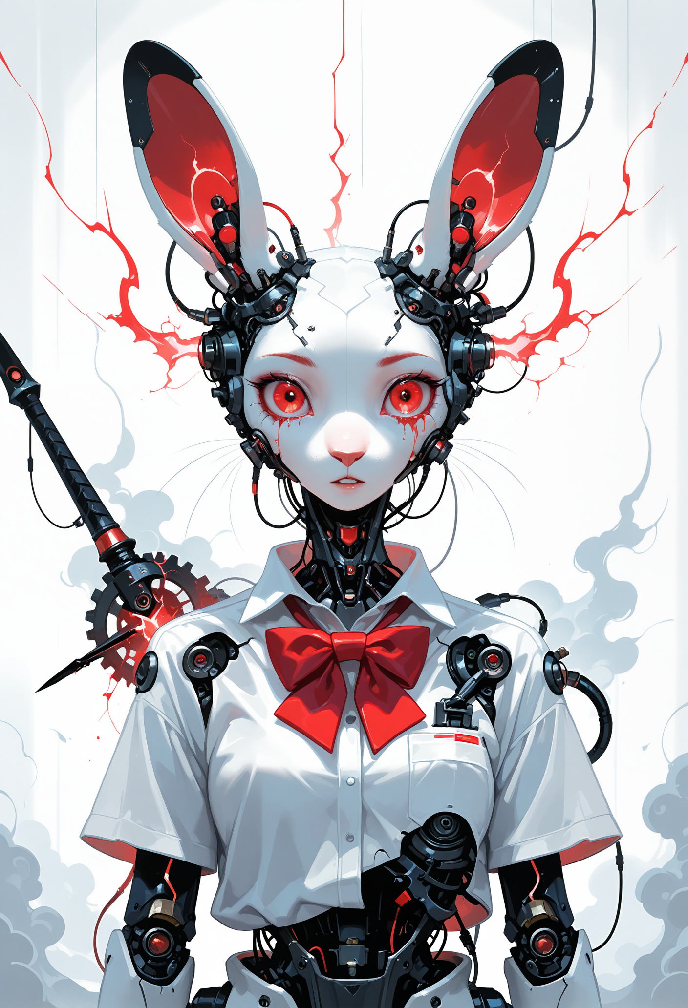 masterpiece, best quality, good quality, very awa, newest, highres, absurdres, no lineart, no outline, 1girl, solo, looking at viewer, shirt, red eyes, bow, animal ears, jewelry, white shirt, upper body, weapon, short sleeves, parted lips, collared shirt, bowtie, sword, rabbit ears, red bow, blood, red bowtie, furry, smoke, rain, furry female, rabbit, injury, rabbit girl, realistic, straight-on, electricity, white fur, cyborg, whiskers, lightning, gears, 2023, guro, mechanical parts, wire, cracked skin, sparks, eye focus, blood from eyes, impaled, (monochrome, negative space), white background, white theme, painterly, fine art, hiz_ai, in the style of cknc, wat,