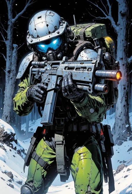 Comic book style, Dynamic viewpoint, dynamic angle. Female soldier with imposing, rugged look. Wears a gray and green cyberpunk power armor with a helmet with a blue visor, fully covering their face. She is aiming and shooting a futuristic cyberpunk rifle. The rifle has a large box magazine and no scope and is gray all over. Holster on right thigh. Military backpack. Grenades on backpack straps on the front. Armored gloves. Large right shoulder pad.
Background: a dark snowed in forest at night.
