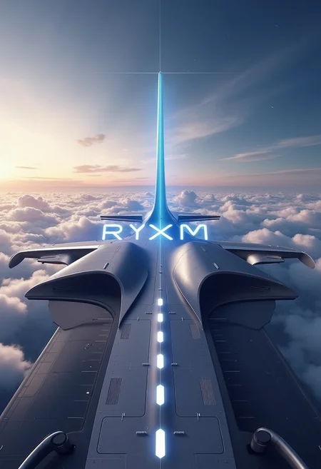 yfg-srs A futuristic airport in the clouds with a big welcome luminous sign that reads "RYXM"