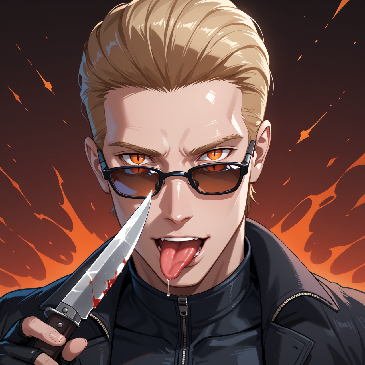 PonyScores7, source_anime, ah1, best quality, (masterpiece:1.4), (high quality:1.4), sharp focus, 4k, absurd resolution, <lora:albertwesker-guy-PONYv1:0.8> albertwesker, albert wesker, 1boy, blonde, black gloves, ((sunglasses)), belt, pants, black coat, black pants, looking at viewer, toned, athletic, fit, slicked back hair, black turtleneck, zipper, mature male, black boots, bad-hands-5, <lora:xl_more_art-full_v1:0.2>, glistening skin, <lora:aesthetic_anime_v1s:0.2>, <lora:Expressive_H:0.2> Expressiveh, <lora:hairdetailpxl:0.2> hairdetailpxl, <lora:EpicF4nta5yXL:0.2>, <lora:detailxl:0.2> detailxl, (focused, intense stare), slit pupils, short hair, (reddish orange eyes), best quality, amazing quality, best aesthetic, absurdres, <lora:eyedetailpxl:0.2> eyedetailpxl, illustration, Volumetric_Lighting, ultra-detailed, very aesthetic, intricate details, 8k, masterpiece, best_quality, disdain, looking at viewer, cocky, <lora:blade lick:0.8>, bust, upper_body, close_up, (((holding_knife, knife, holding knife, holding weapon))), (((licking_blade, licking_weapon, licking knife, lick the blade with his tongue, knife on tongue))), tongue_out, saliva, saliva_trail,
