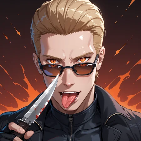 PonyScores7, source_anime, ah1, best quality, (masterpiece:1.4), (high quality:1.4), sharp focus, 4k, absurd resolution, <lora:albertwesker-guy-PONYv1:0.8> albertwesker, albert wesker, 1boy, blonde, black gloves, ((sunglasses)), belt, pants, black coat, black pants, looking at viewer, toned, athletic, fit, slicked back hair, black turtleneck, zipper, mature male, black boots, bad-hands-5, <lora:xl_more_art-full_v1:0.2>, glistening skin, <lora:aesthetic_anime_v1s:0.2>, <lora:Expressive_H:0.2> Expressiveh, <lora:hairdetailpxl:0.2> hairdetailpxl, <lora:EpicF4nta5yXL:0.2>, <lora:detailxl:0.2> detailxl, (focused, intense stare), slit pupils, short hair, (reddish orange eyes), best quality, amazing quality, best aesthetic, absurdres, <lora:eyedetailpxl:0.2> eyedetailpxl, illustration, Volumetric_Lighting, ultra-detailed, very aesthetic, intricate details, 8k, masterpiece, best_quality, disdain, looking at viewer, cocky, <lora:blade lick:0.8>, bust, upper_body, close_up, (((holding_knife, knife, holding knife, holding weapon))), (((licking_blade, licking_weapon, licking knife, lick the blade with his tongue, knife on tongue))), tongue_out, saliva, saliva_trail,