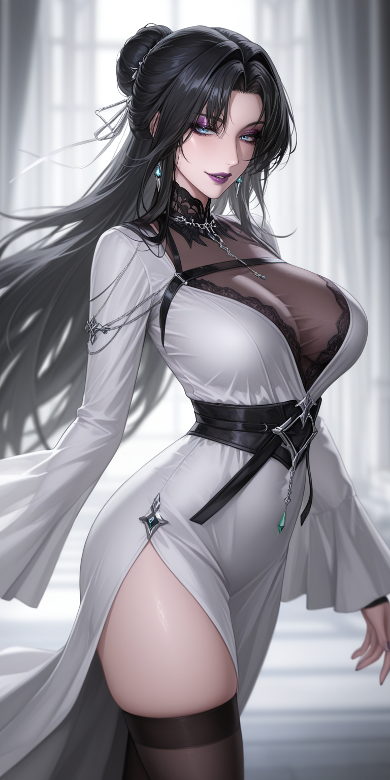 1girl, solo, long hair, looking at viewer, dress, green eyes,thigh_highs, ,gothic scenery, black hair,gothic makeup, hair_intakes, hair bun ,best, quality,masterpiece,amazing quality,very aesthetic,high resolution,ultra-detailed,,depth of field,volumetric lighting ,highly detailed,best quality,8k,best quality, very aesthetic, ultra-detailed, newest,BREAK, depth of field, masterpiece, amazing quality, high resolution, absurdres, newest, red eyessmirk,best,quality,masterpiece,amazing quality,very aesthetic,high resolution,ultra-detailed,,depth of field,volumetric lighting ,highly detailed,best quality,8k,best quality, very aesthetic, ultra-detailed, newest,BREAK, depth of field, masterpiece, amazing quality, high resolution, absurdres, newest, path to nowhere,Baddie, game cgi, from front