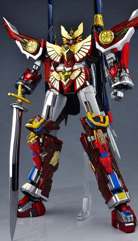 (RARS:0.8),mecha,super robot,(heroic armor:1),(science fiction:1),(very biggest size mecha:1.6),glowing eyes,(full body:1.2),mechanical parts,robot joints,(holding huge sword:1.5),best quality,masterpiece,highly detailed,ultra-detailed,(huge mechanical weapon:1.3),(detailed weapon:1.2),(huge mechanical gun:1.2),<lora:srdxl_v2_7_5a7:0.8>,