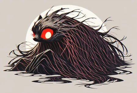 score_9, score_8_up, score_7_up,score_6_up, score_5_up, score_4_up,source_anime,retro artstyle,halftone effect,epic,intricate linework,no humans,creature focus,a black furred barghest with glowing red eyes skulking in the woods,full body