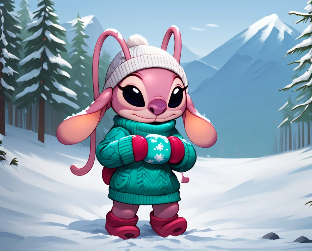 score_9, score_8_up, score_8, <lora:Angel_for_PonyXL:0.8> 1girl, furry, ange1, antennae, solo, black eyes, sweater, beanie, mittens, outdoors, snow, snow man,