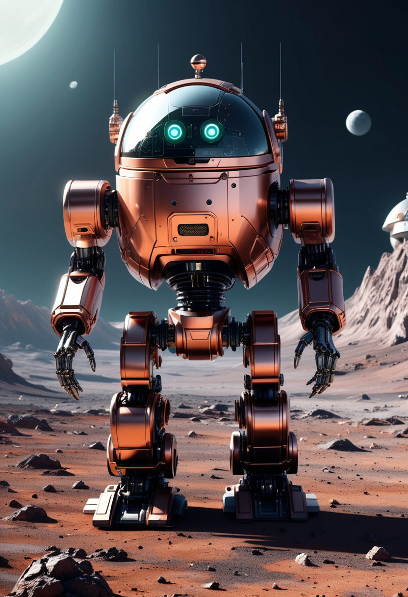 (medium full shot) of (robust robot), copper versatile modular system, helmet with thermal imaging, cybernetic enhancements, set in  a space outpost, on a distant moon, with high-tech facilities, robotic systems, advanced research stations , during the day, ,Masterpiece,best quality, raw photo, realistic, very aesthetic