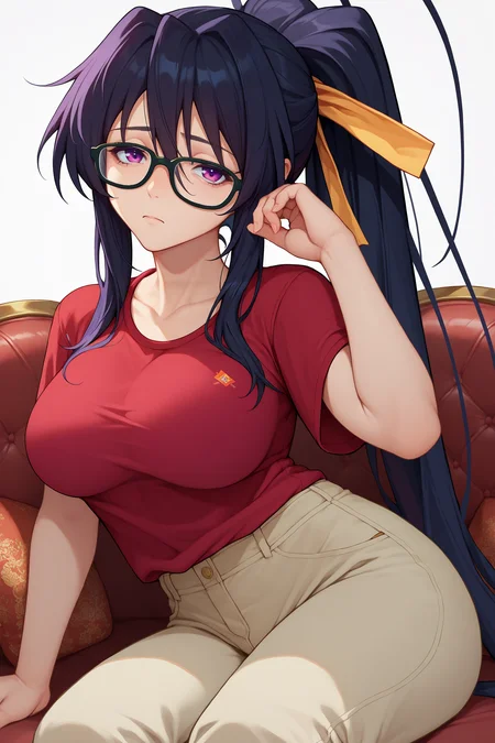 score_9, score_8_up, score_7_up, score_6_up, source_anime BREAK 1girl, solo <lora:akenohimejima-pdxl-nvwls-v1-000005:1> dxdAH, black hair, ponytail, very long hair, purple eyes, hair ribbon, large breasts, glasses, red t-shirt, beige pants, sitting, couch, looking at you, tired