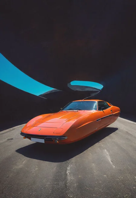 Made of bold lines, vertical lines, 3d deep depth effect, Stretching shadows, Flying hovering Car, a Vintage hovering super car, Hovering_Car, A road stretches behind her head, colorful depth of lenticular, bold lines async, deep blacks,